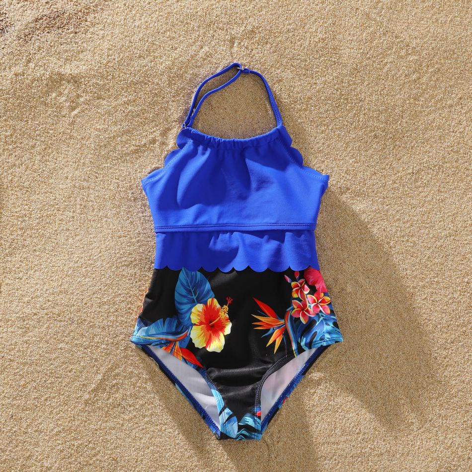 مطابقة الأسرة الزرقاء الأزهار طباعة الربط الخامس الرقبة السباغيتي حزام قطعة واحدة ملابس السباحة وسباحة جذوع السراويل أزرق big image 6