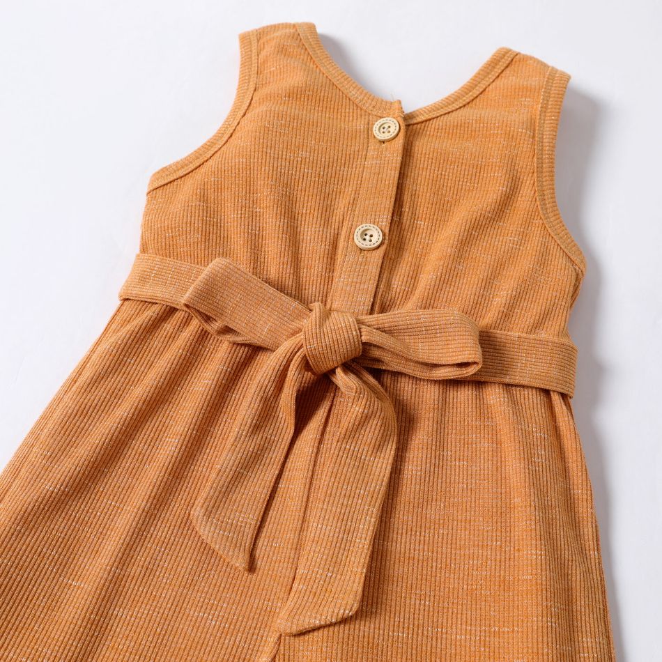 Toddler Girl Solid Color Button Design Ribbed Ruffled Belted Sleeveless Rompers Orange big image 3
