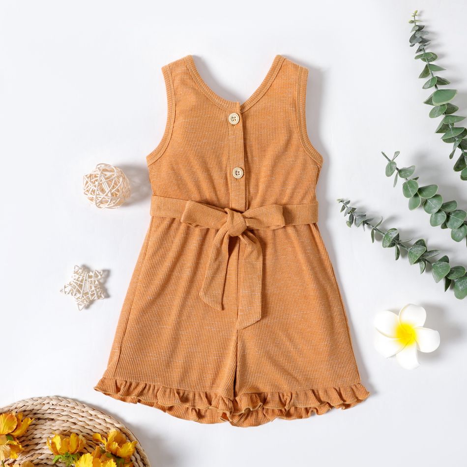 Toddler Girl Solid Color Button Design Ribbed Ruffled Belted Sleeveless Rompers Orange