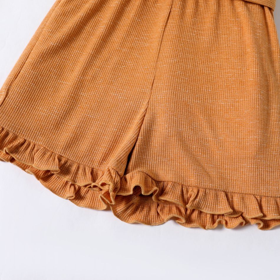 Toddler Girl Solid Color Button Design Ribbed Ruffled Belted Sleeveless Rompers Orange big image 5