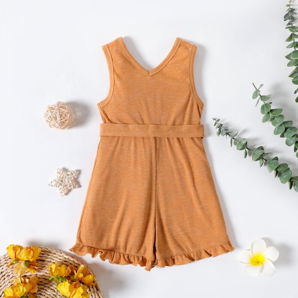 Toddler Girl Solid Color Button Design Ribbed Ruffled Belted Sleeveless Rompers Orange big image 2