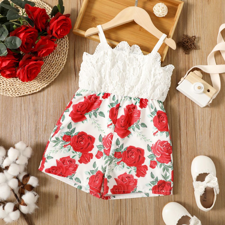Toddler Girl Floral Print Splice Lace Design Cami Rompers REDWHITE