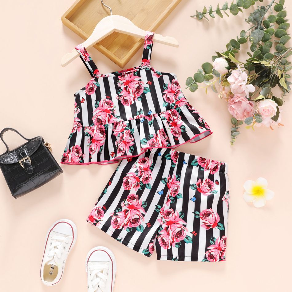 2pcs Toddler Girl Floral Print Stripe Ruffle Camisole and Elasticized Shorts Set Multi-color
