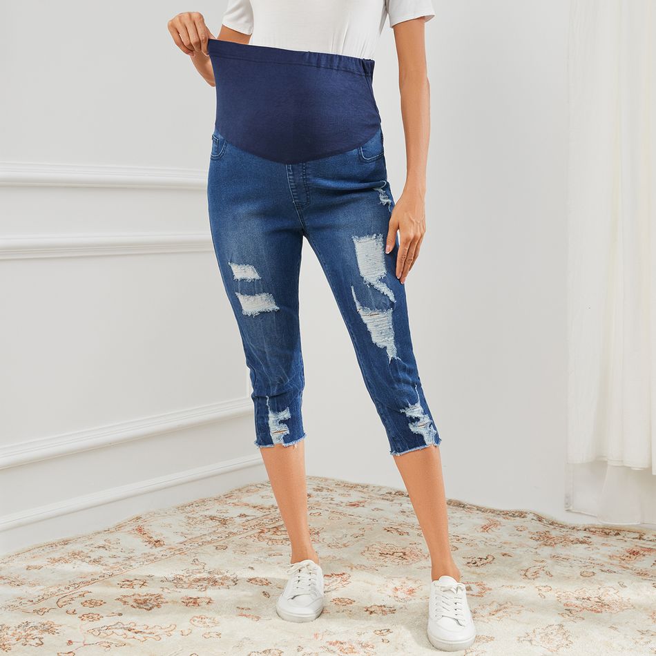 Maternity Ripped Elastic Skinny Capris Jeans DeepBlue