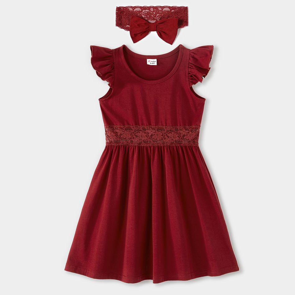 Family Matching Solid Spaghetti Strap Lace Cotton Dresses and Striped Short-sleeve Tops Sets WineRed big image 3