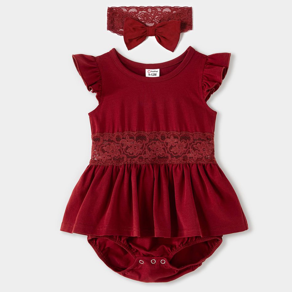 Family Matching Solid Spaghetti Strap Lace Cotton Dresses and Striped Short-sleeve Tops Sets WineRed big image 4