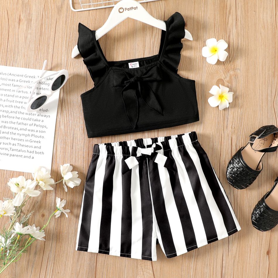 2pcs Kid Girl Bowknot Design Ruffled Black Camisole and Stripe Shorts set BlackandWhite