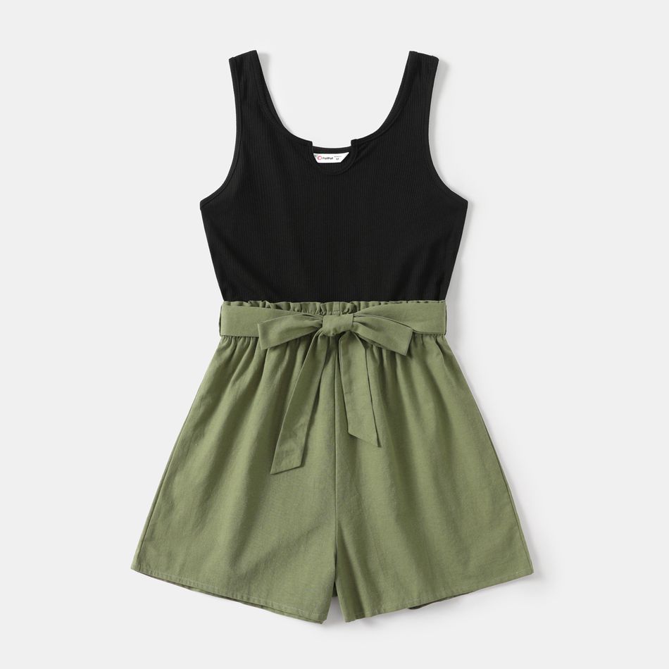 100% Cotton Ribbed and Solid Splicing Sleeveless Belted Romper for Mom and Me Army green big image 2