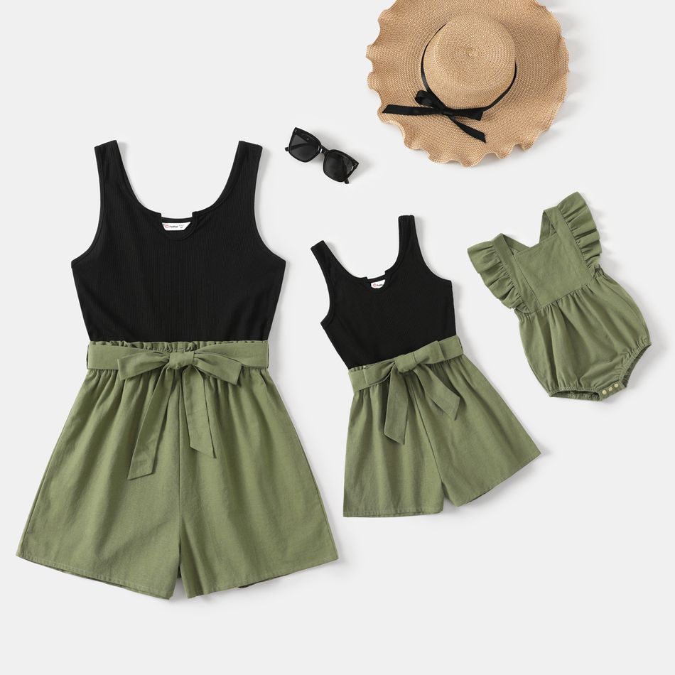 100% Cotton Ribbed and Solid Splicing Sleeveless Belted Romper for Mom and Me Army green