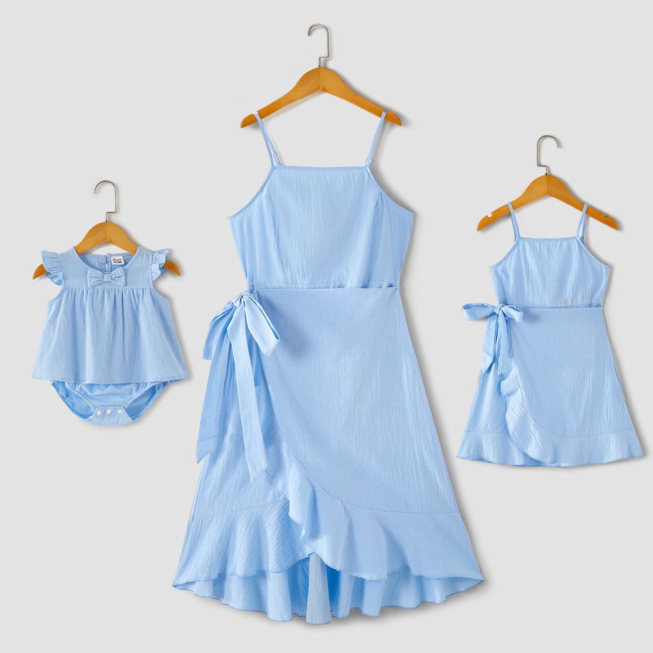 100% Cotton Light Blue Sleeveless Spaghetti Strap Ruffle Tulip Hem Self-tie Dress for Mom and Me Light Blue