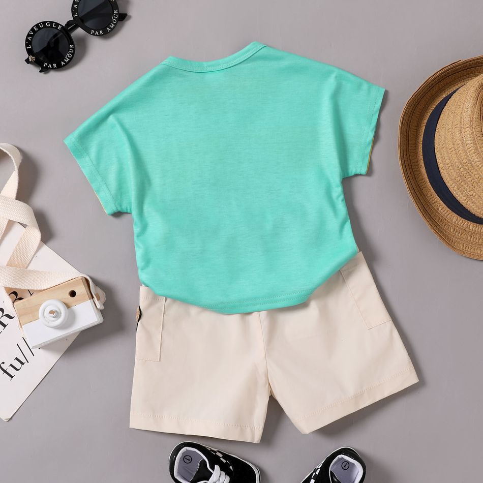 2pcs Baby Boy 100% Cotton Shorts and Cartoon Bear Letter Print Colorblock Short-sleeve T-shirt Set Color block big image 2