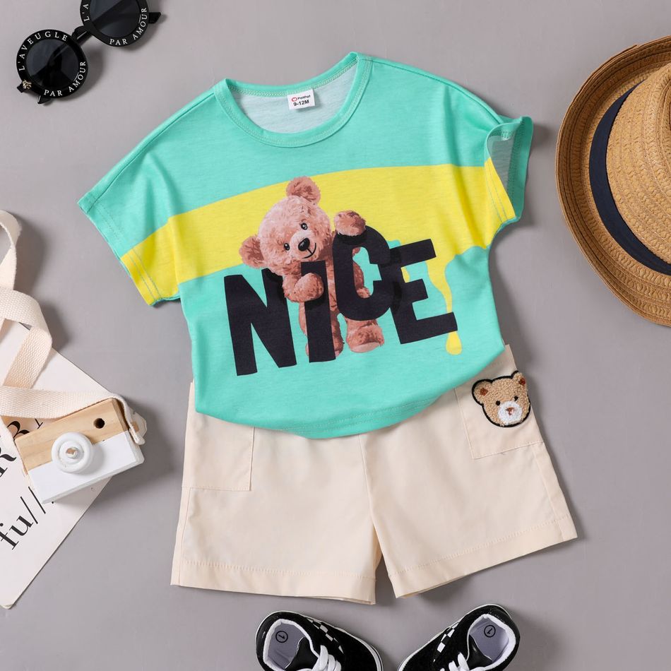 2pcs Baby Boy 100% Cotton Shorts and Cartoon Bear Letter Print Colorblock Short-sleeve T-shirt Set Color block