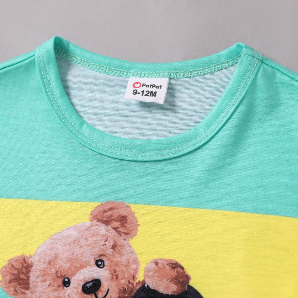 2pcs Baby Boy 100% Cotton Shorts and Cartoon Bear Letter Print Colorblock Short-sleeve T-shirt Set Color block big image 5