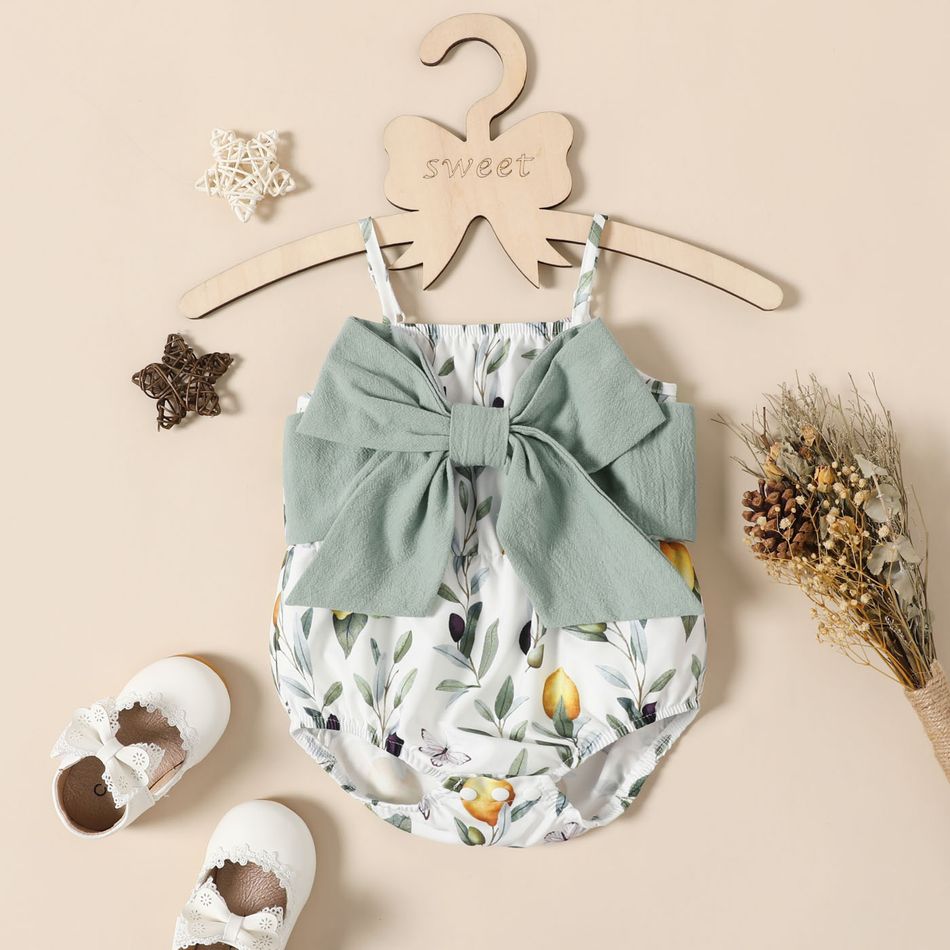 Baby Girl 100% Cotton Bowknot Design Floral Print Spaghetti Strap Romper Color block