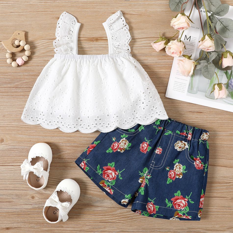 2pcs Baby Girl 95% Cotton Hollow Out Flutter-sleeve Top and Floral Print Denim Shorts Set White