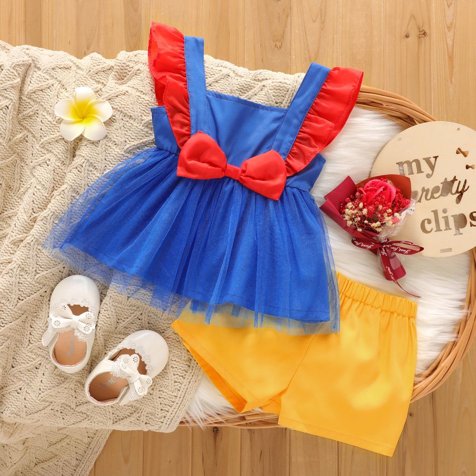 2pcs Baby Girl Colorblock Ruffle Bowknot Sleeveless Mesh Top and Solid Shorts Set Color block