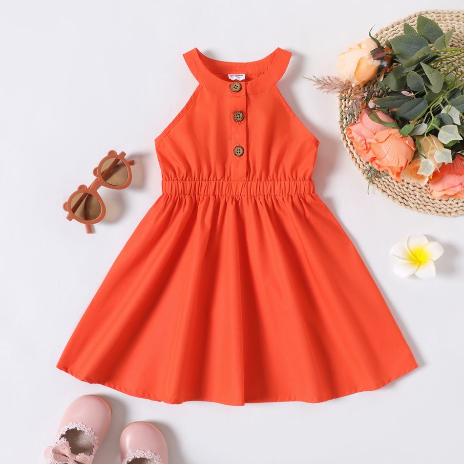 Toddler Girl Solid Color Button Design Halter Dress Orange red