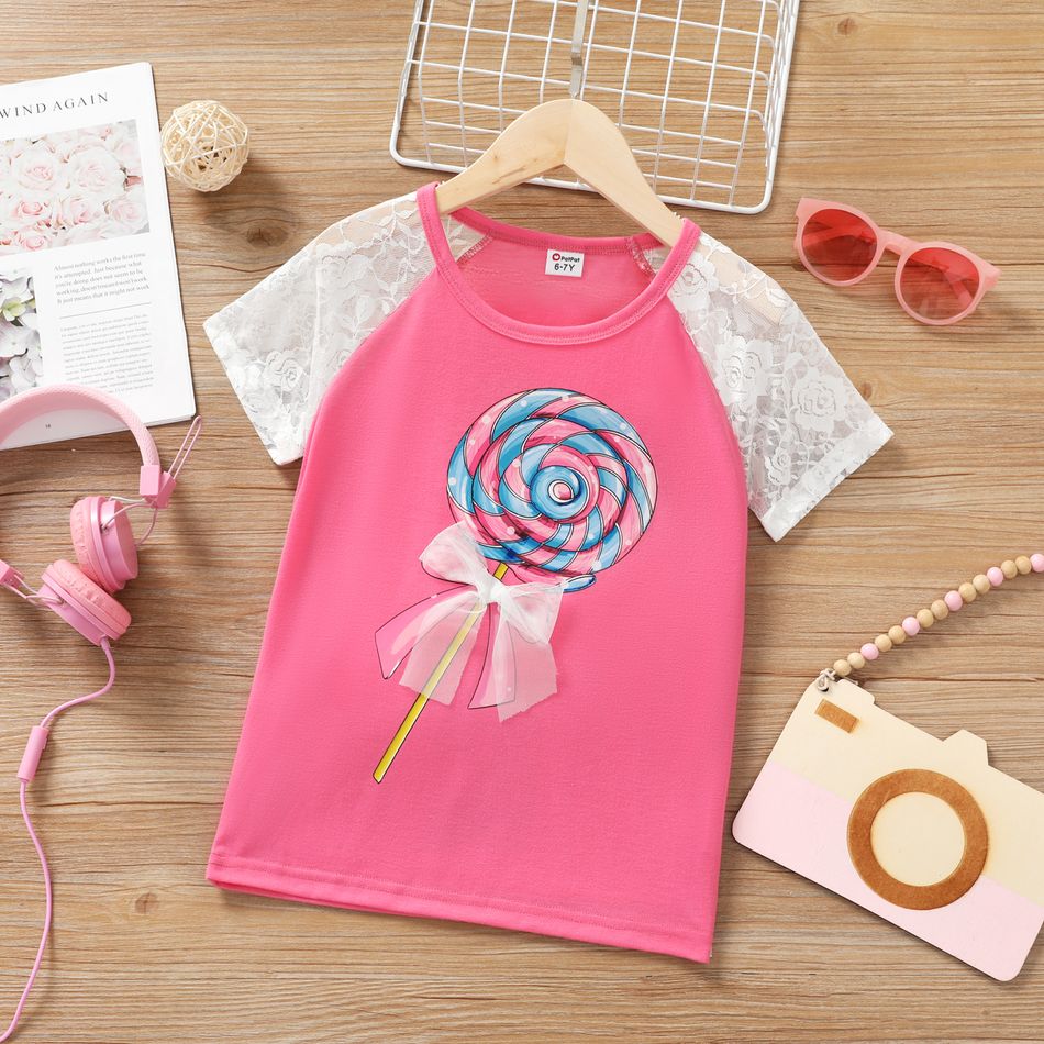 Kid Girl Lollipop Print Lace Design Short Raglan Sleeve Tee Pink