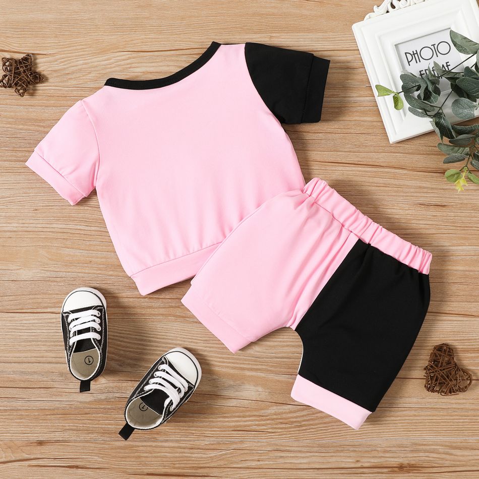 2pcs Baby Boy/Girl Letter Print Colorblock Short-sleeve Tee and Shorts Set Pink big image 3