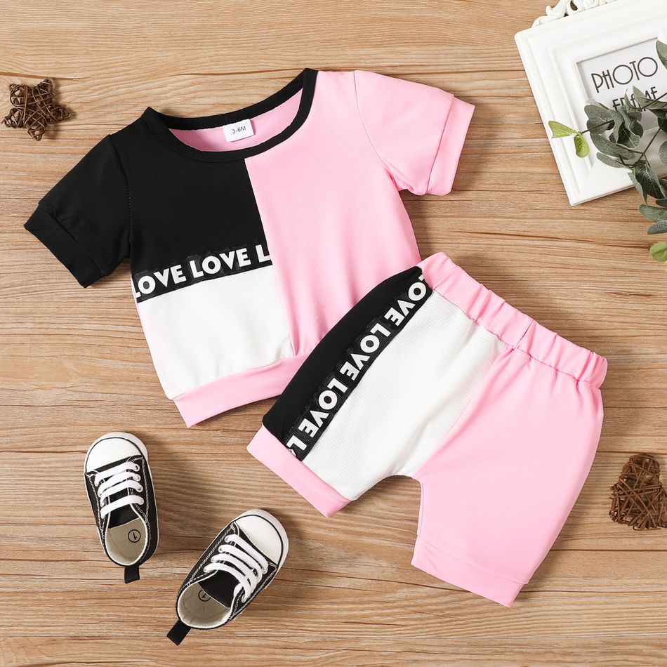 2pcs Baby Boy/Girl Letter Print Colorblock Short-sleeve Tee and Shorts Set Pink
