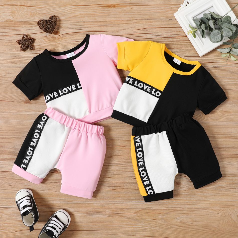 2pcs Baby Boy/Girl Letter Print Colorblock Short-sleeve Tee and Shorts Set Pink big image 2