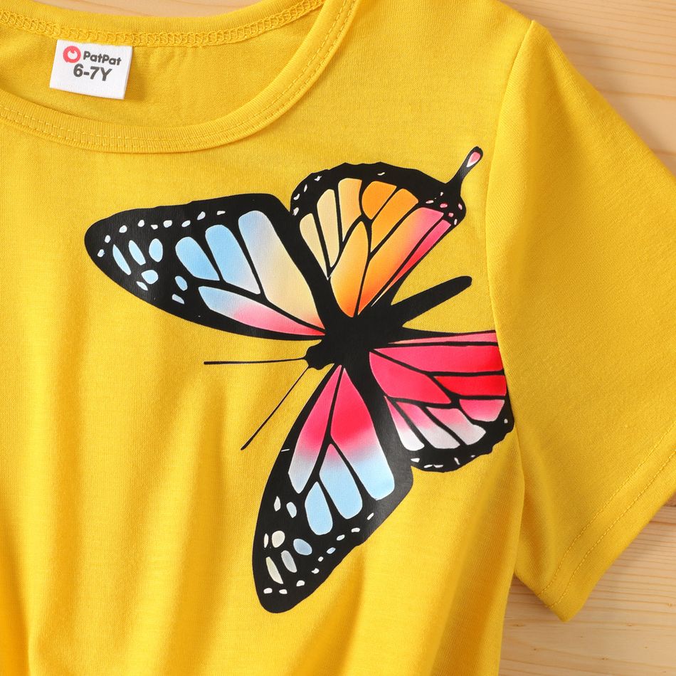 2pcs Kid Girl Butterfly Print Tie Knot Short-sleeve Tee and Letter Print Shorts Set Yellow big image 3