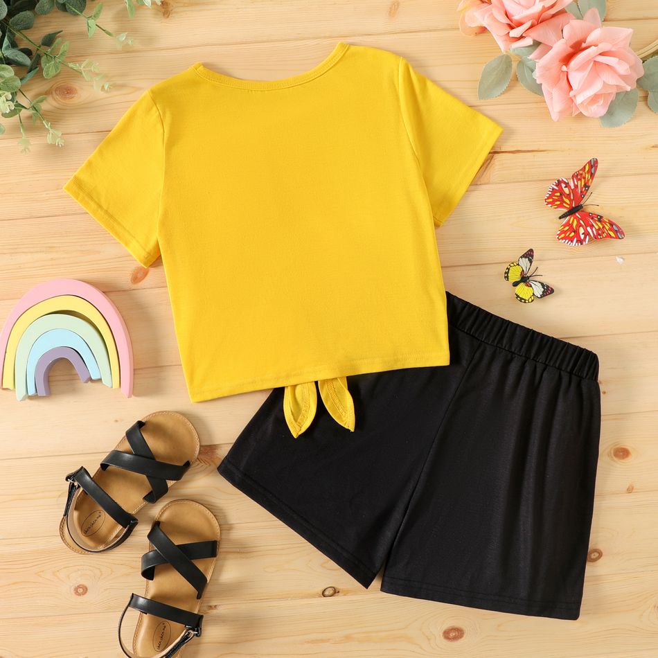 2pcs Kid Girl Butterfly Print Tie Knot Short-sleeve Tee and Letter Print Shorts Set Yellow big image 2
