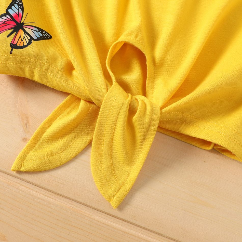 2pcs Kid Girl Butterfly Print Tie Knot Short-sleeve Tee and Letter Print Shorts Set Yellow big image 4