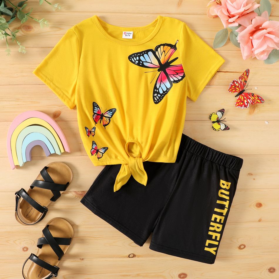 2pcs Kid Girl Butterfly Print Tie Knot Short-sleeve Tee and Letter Print Shorts Set Yellow