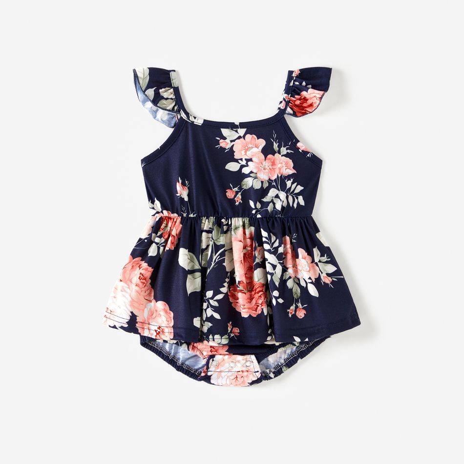 All Over Floral Print Blue Spaghetti Strap Romper Shorts for Mom and Me royalblue big image 7