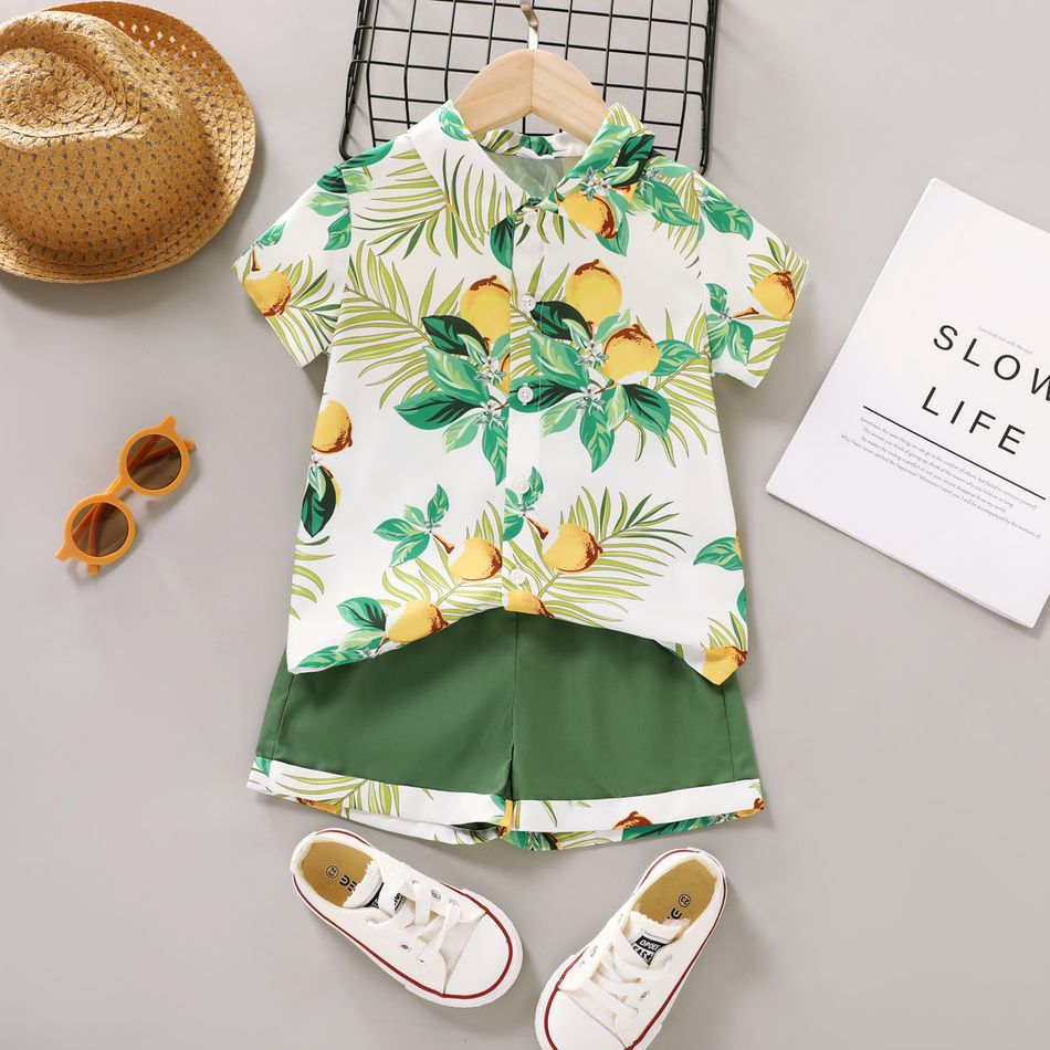 2pcs Toddler Boy Lapel Collar Fruit Lemon Print Short-sleeve Shirt and Elasticized Green Shorts Set Green