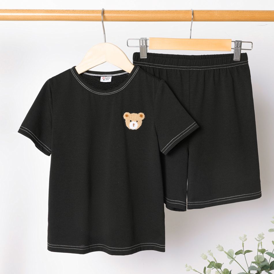 2pcs Kid Boy Animal Bear Embroidered Short-sleeve Tee and Elasticized Shorts Set Black