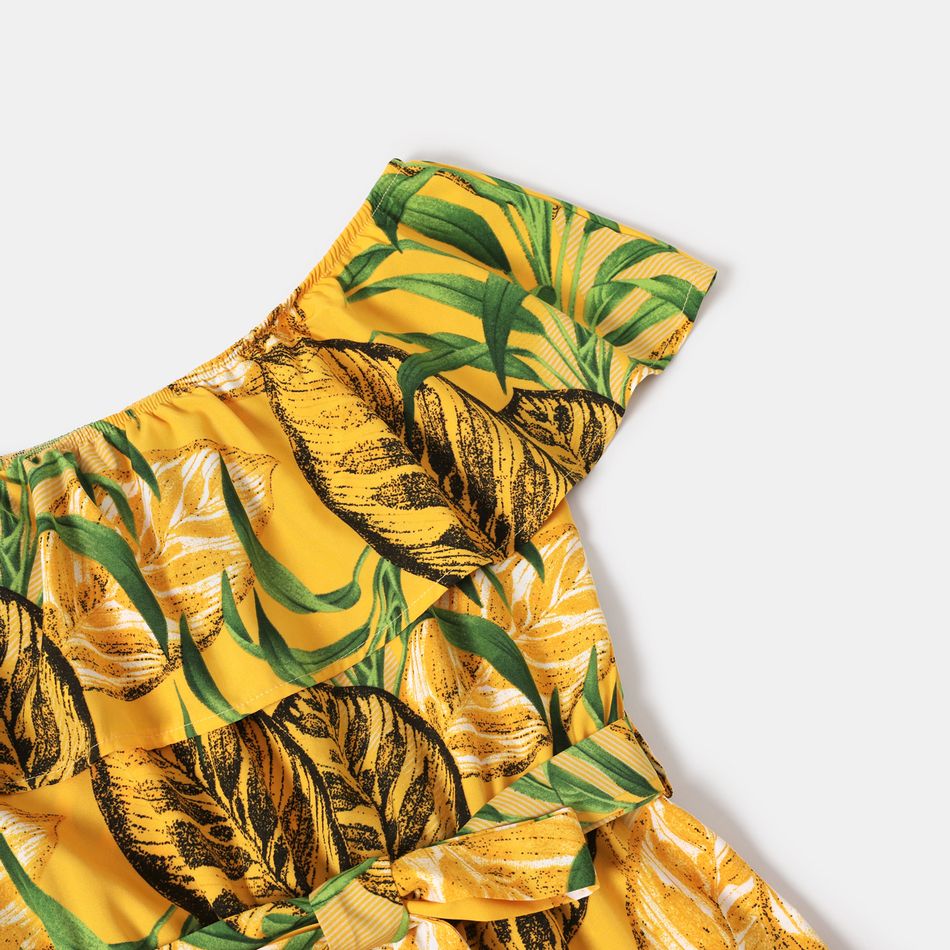 All Over Plants Print Yellow Off Shoulder Strapless Ruffle Belted Jumpsuit for Mom and Me Yellow big image 3