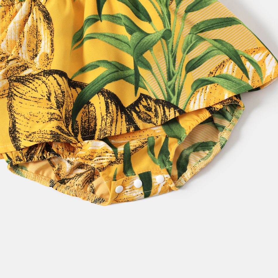 All Over Plants Print Yellow Off Shoulder Strapless Ruffle Belted Jumpsuit for Mom and Me Yellow