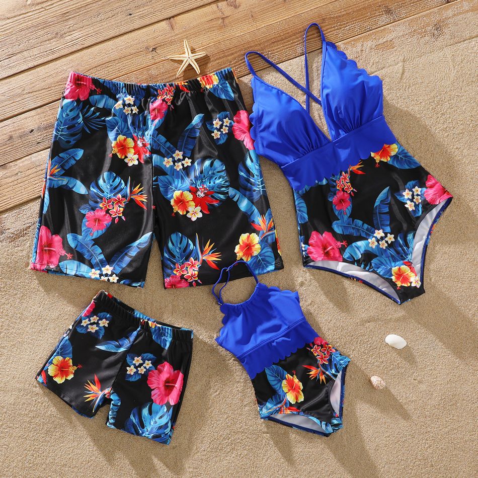 Family Matching Blue Floral Print Splicing V Neck Spaghetti Strap One-Piece Swimsuit and Swim Trunks Shorts Blue big image 1