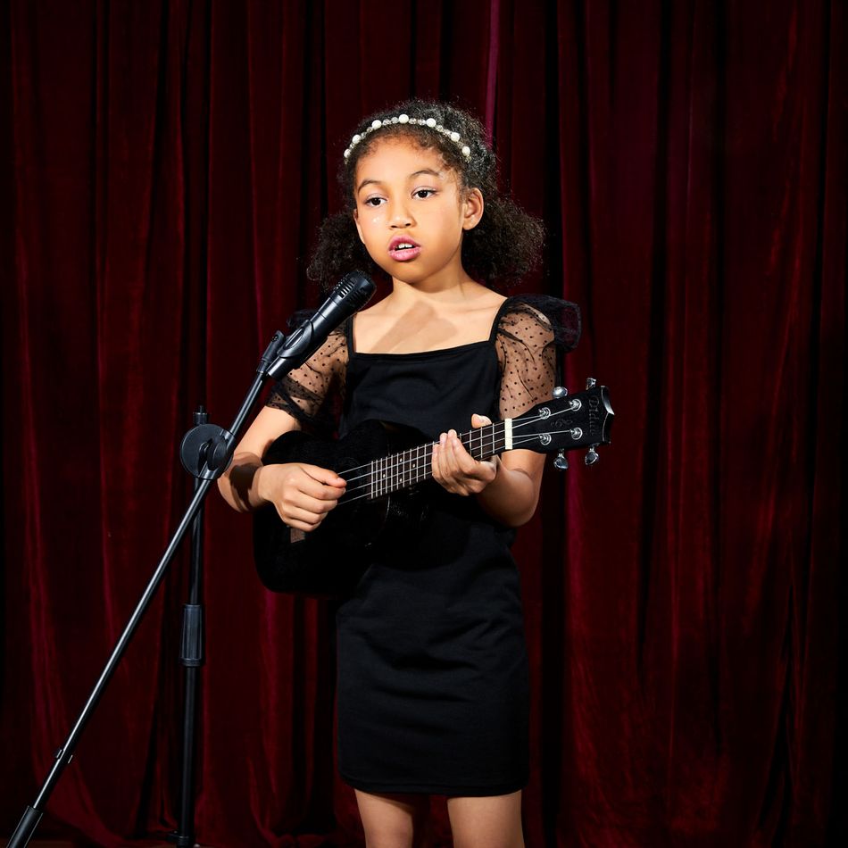Kid Girl Polka dots Mesh Puff-sleeve Black Dress Black big image 3