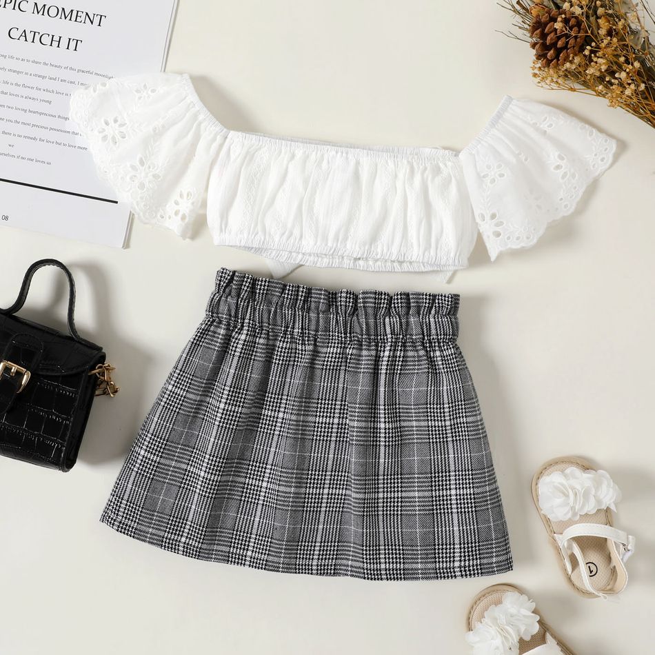 2pcs Baby Girl 100% Cotton Plaid Skirt and Ruffle-sleeve Bowknot Crop Top Set White big image 2
