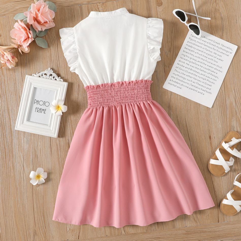 Kid Girl Button Design Smocked Splice Ruffled Flutter-sleeve Dress Pink big image 5