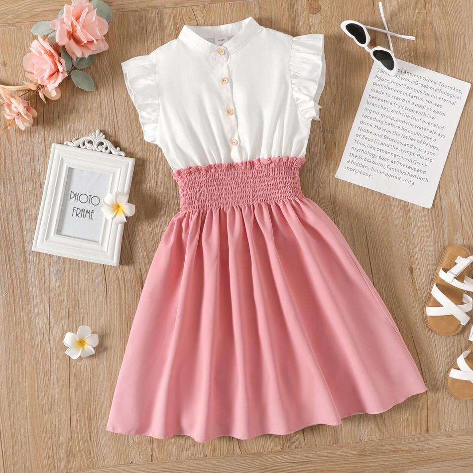 Kid Girl Button Design Smocked Splice Ruffled Flutter-sleeve Dress Pink