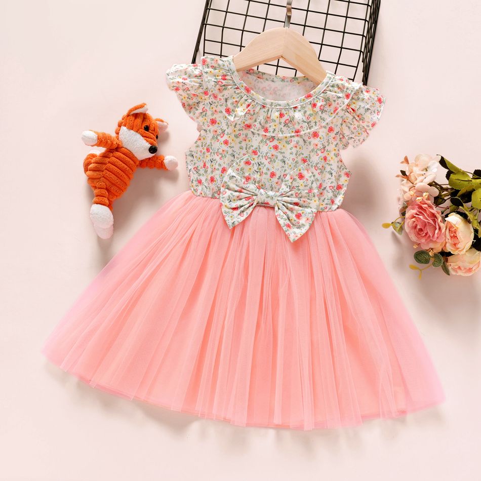 Floral Allover Ruffle and Bow Decor Mesh Layered Flutter-sleeve Pink Toddler Dress Pink