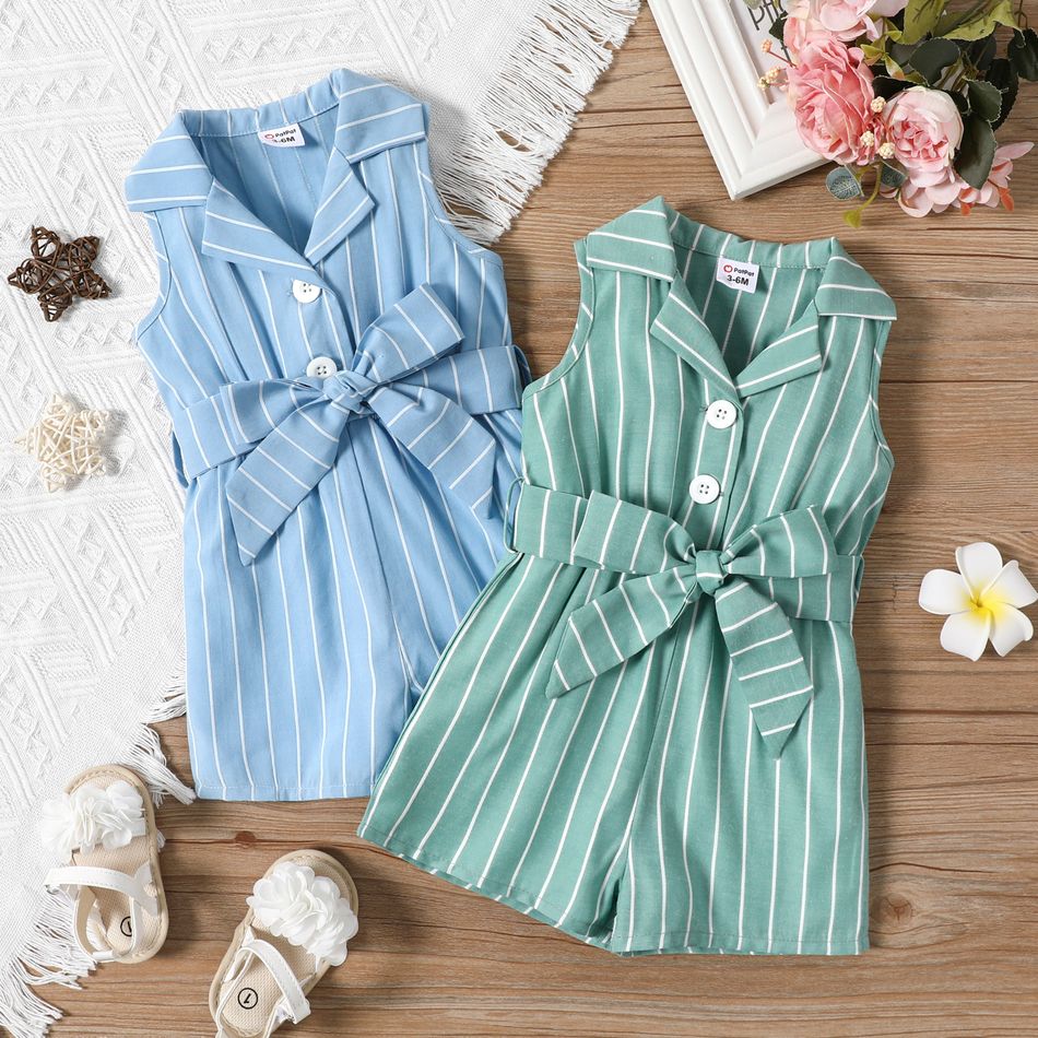 Baby Girl Striped Lapel Collar Button Up Belted Sleeveless Tank Romper greenwhite big image 2