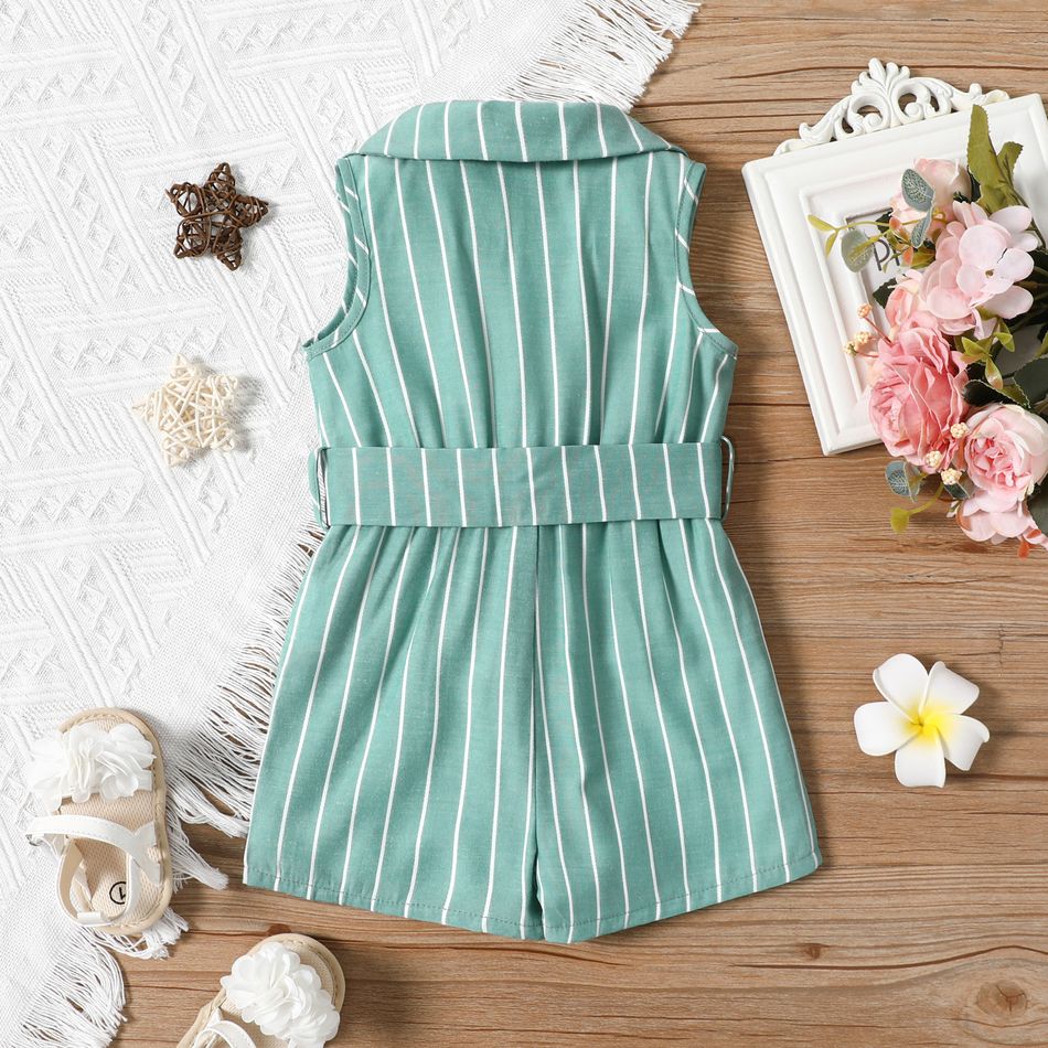Baby Girl Striped Lapel Collar Button Up Belted Sleeveless Tank Romper greenwhite big image 3