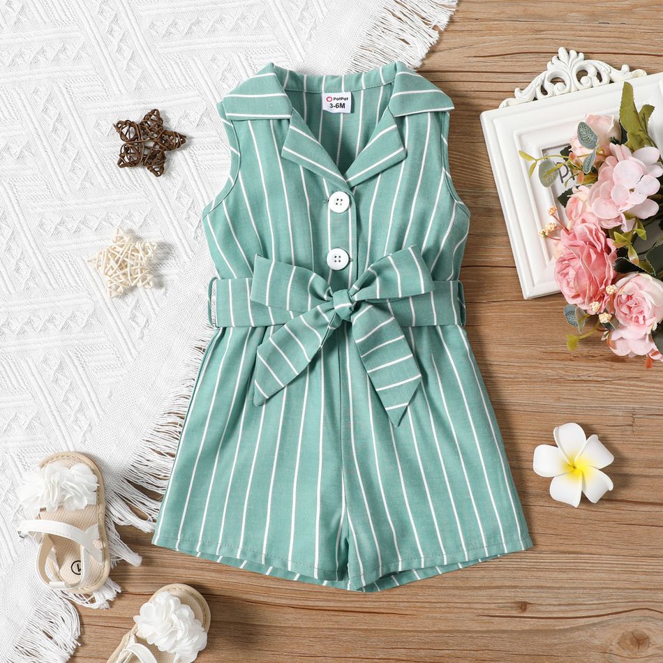Baby Girl Striped Lapel Collar Button Up Belted Sleeveless Tank Romper greenwhite big image 1