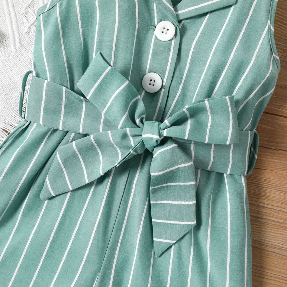 Baby Girl Striped Lapel Collar Button Up Belted Sleeveless Tank Romper greenwhite