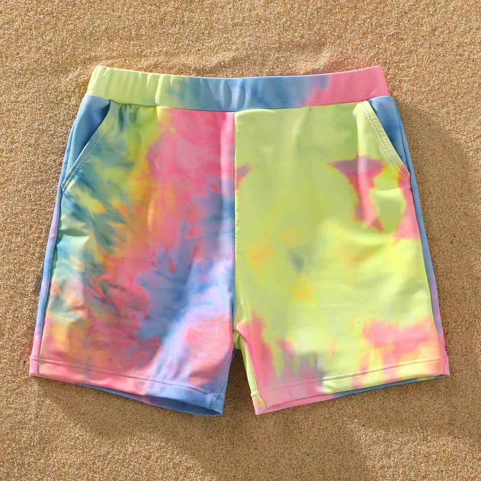 Family Matching Tie Dye V Neck Self-tie Hollow Out Spaghetti Strap One-Piece Swimsuit and Swim Trunks Shorts Multi-color big image 10