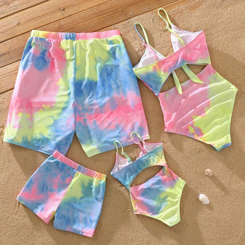 Family Matching Tie Dye V Neck Self-tie Hollow Out Spaghetti Strap One-Piece Swimsuit and Swim Trunks Shorts Multi-color big image 2