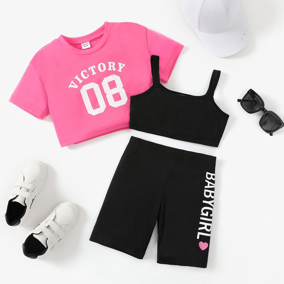 3pcs Kid Girl Black Tank Top & Letter Print Pink Crop Tee and Shorts Set Pink