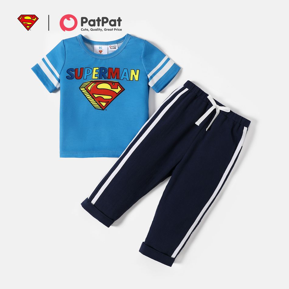 Superman 2pcs Baby Boy 100% Cotton Pants and Short-sleeve Graphic Tee Set Blue big image 1