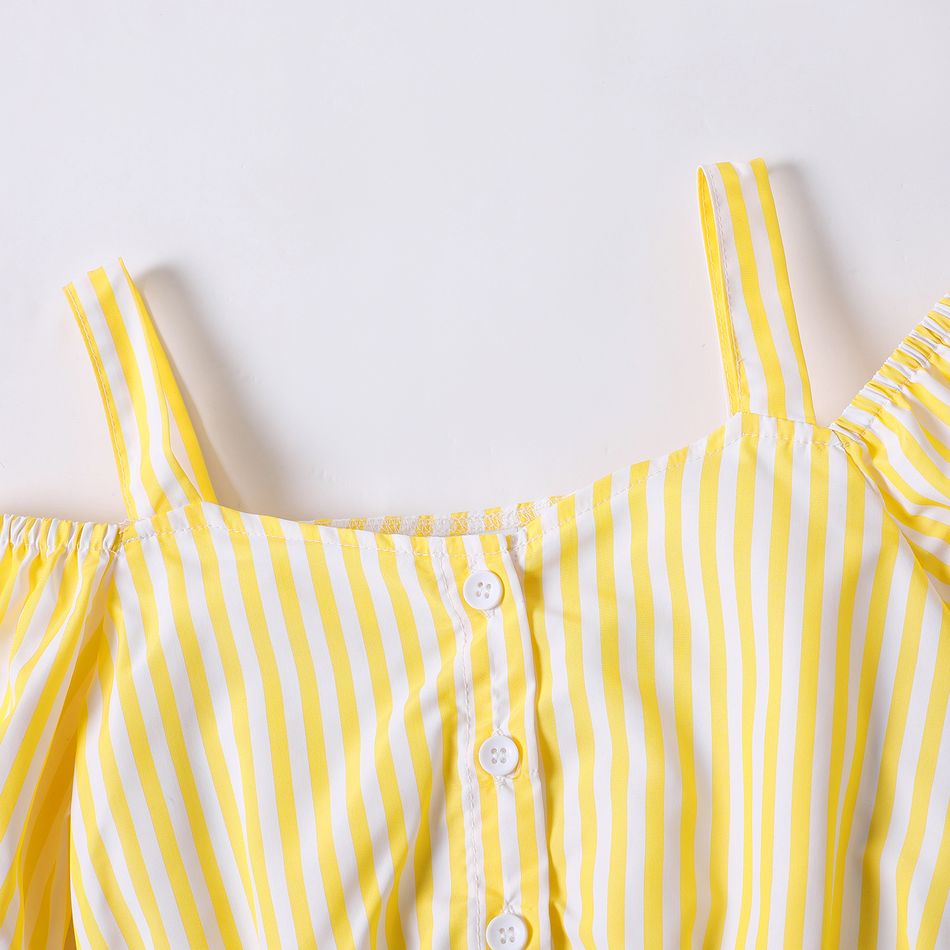 Kid Girl Stripe Button Design Cold Shoulder Short-sleeve Blouse Yellow big image 3