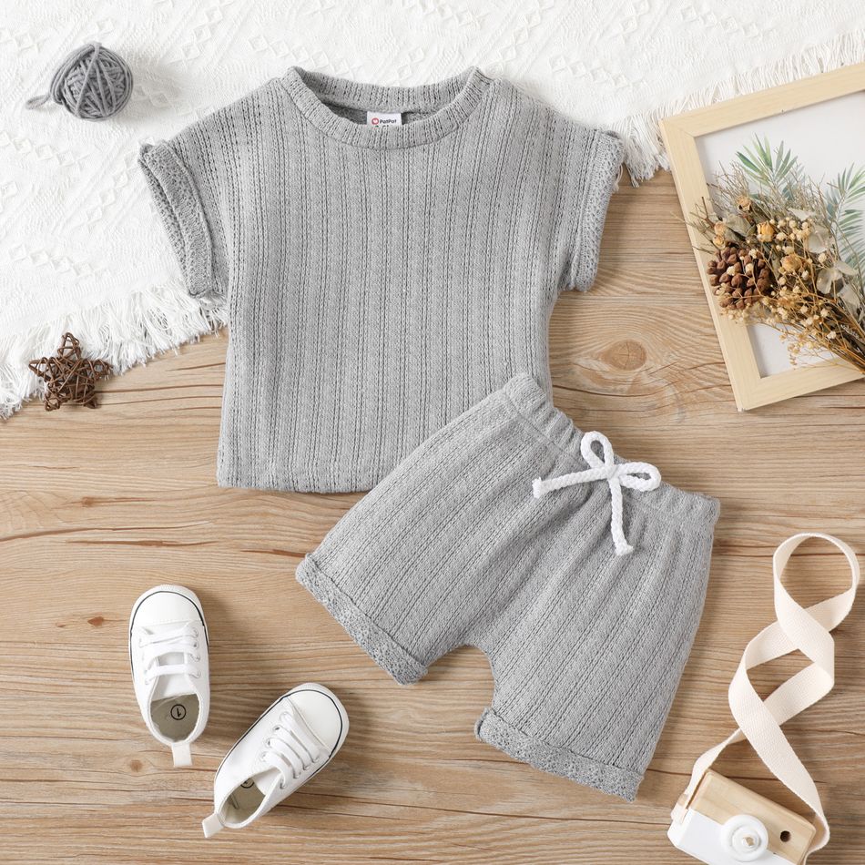2pcs Baby Boy/Girl Solid Knitted Short-sleeve Top and Shorts Set Grey big image 1